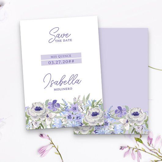 Paarse Peri Girly Bloemen Mis Quince Save The Date