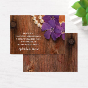 Paarse Periwinkle Barn Wood Wedding Charity Favor Visitekaartjes