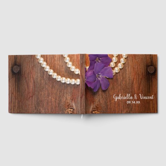 Paarse Periwinkle Pearls Barn Wood Country Weddens Gastenboek (Volledig)