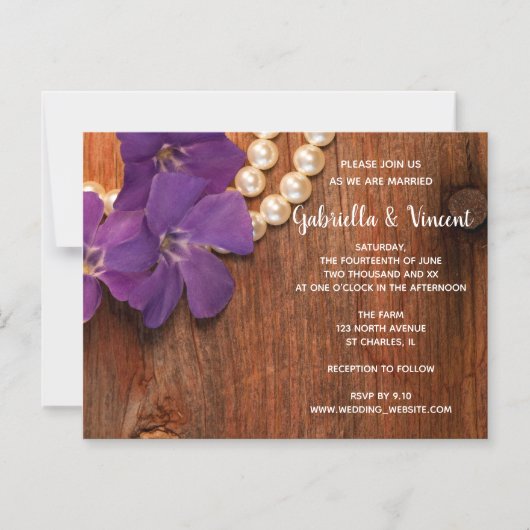 Paarse Periwinkle Pearls Barn Wood Country Weddens Magnetische Uitnodiging (Voorkant)