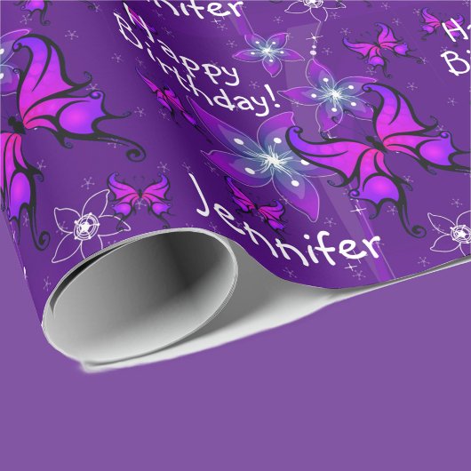 Paarse Personaliseer Naam Vlinder Roll van Cadeaupapier