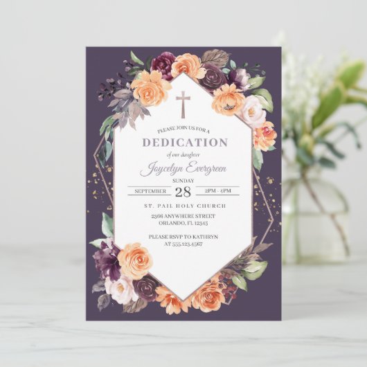 Paarse Perzik Bloemen Herfst Dedication Invitation Kaart (Staand voorkant)