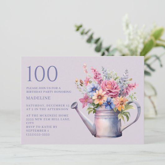 Paarse Perzik Bloemen Watering Can 100e Verjaardag Kaart (Staand voorkant)