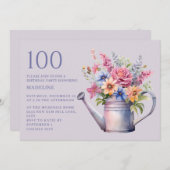 Paarse Perzik Bloemen Watering Can 100e Verjaardag Kaart (Voorkant / Achterkant)