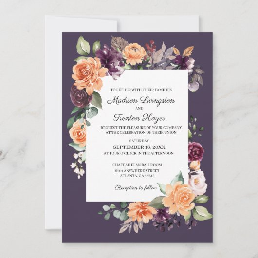 Paarse perzik bloemenherfst bruiloft uitnodiging (Voorkant)