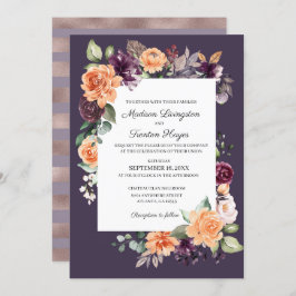 Paarse perzik bloemenherfst bruiloft uitnodiging