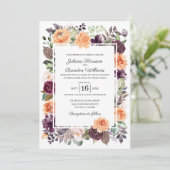 Paarse perzik bloemenherfst bruiloft uitnodiging (Staand voorkant)