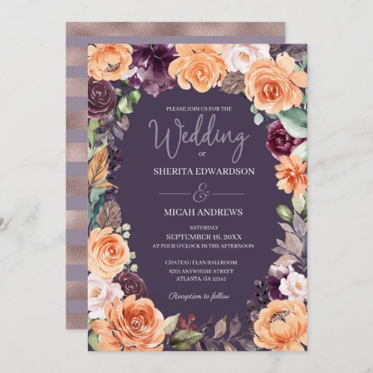 Paarse perzik bloemenherfst bruiloft uitnodiging (Voorkant / Achterkant)