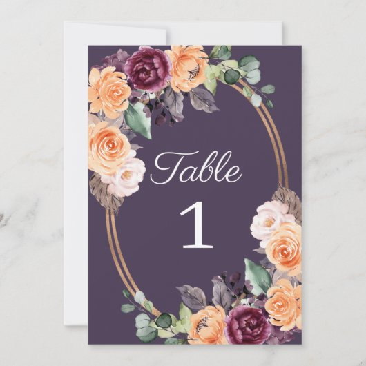 Paarse Perzik Floral Fall Trouwtafel Nummer Kaart (Voorkant)