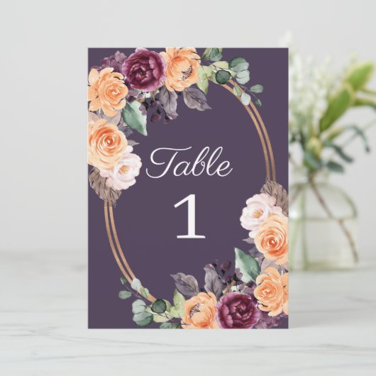 Paarse Perzik Floral Fall Trouwtafel Nummer Kaart (Staand voorkant)