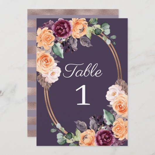 Paarse Perzik Floral Fall Trouwtafel Nummer Kaart (Voorkant / Achterkant)