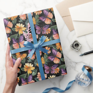 Paarse Perzik Roze Vlinders Bloemen Verjaardag Cadeaupapier