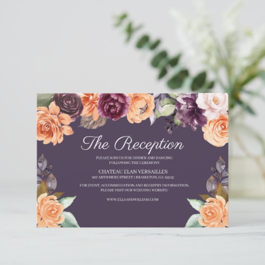 Paarse perzik val bruiloft receptie behuizing Kaar Informatiekaartje (Staand voorkant)