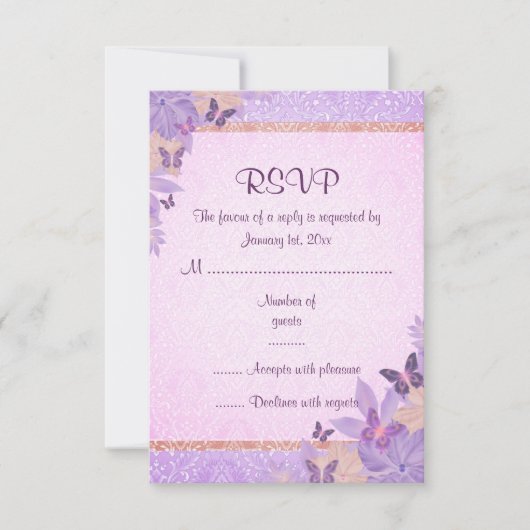 Paarse/perzik vlinder & Damask RSVP kaart (Voorkant)