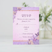 Paarse/perzik vlinder & Damask RSVP kaart (Staand voorkant)