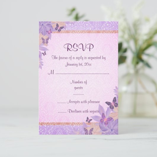 Paarse/perzik vlinder & Damask RSVP kaart (Staand voorkant)