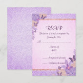 Paarse/perzik vlinder & Damask RSVP kaart (Voorkant / Achterkant)