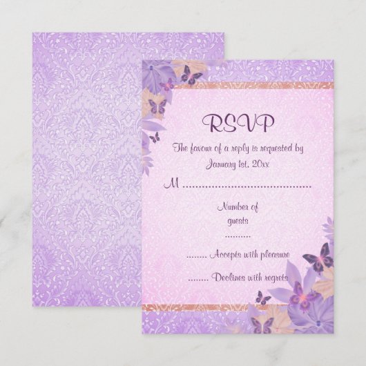 Paarse/perzik vlinder & Damask RSVP kaart (Voorkant / Achterkant)