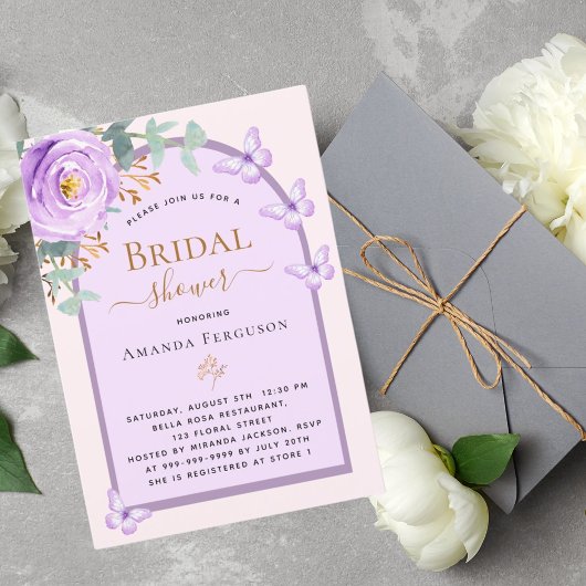 Paarse perzikvlinders bloemenboog Vrijgezellenfees Kaart