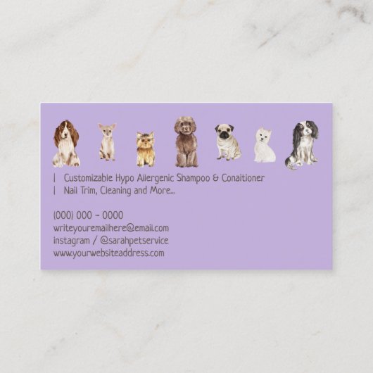 Paarse Pet Sitter Boutique Grooming Dogs Visitekaartje (Achterkant)