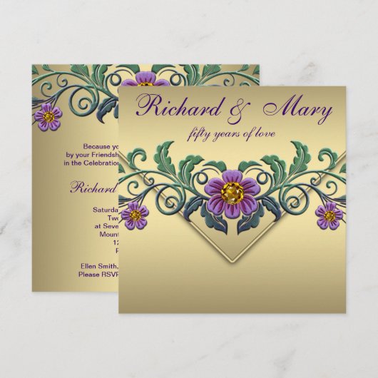 Paarse Petunia Goud 50ste huwelijksjubileum Kaart (Voorkant / Achterkant)