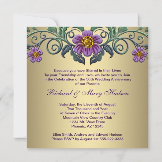Paarse Petunia Goud 50ste huwelijksjubileum Kaart (Achterkant)