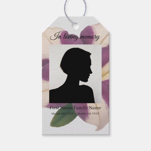 Paarse petunia rouwlintlabel cadeaulabel (Voorkant)