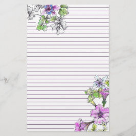 Paarse Petunia Waterverf Bloemen Lila gevoerd Briefpapier