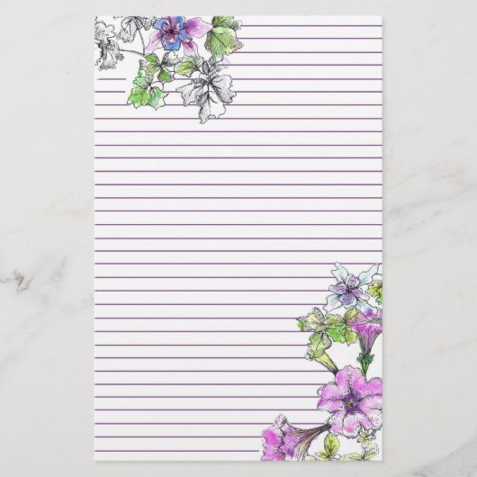 Paarse Petunia Waterverf Bloemen Lila gevoerd Briefpapier (Voorkant)