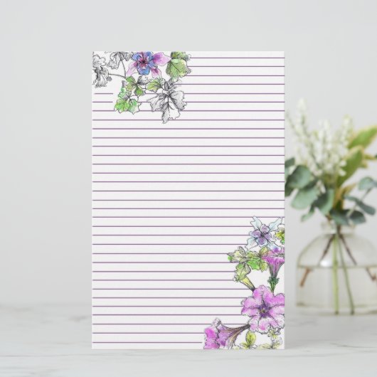 Paarse Petunia Waterverf Bloemen Lila gevoerd Briefpapier (Staand voorkant)