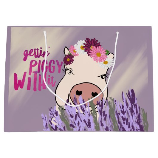 Paarse pig en lavender Field Gift Bag Groot Cadeauzakje (Voorkant)