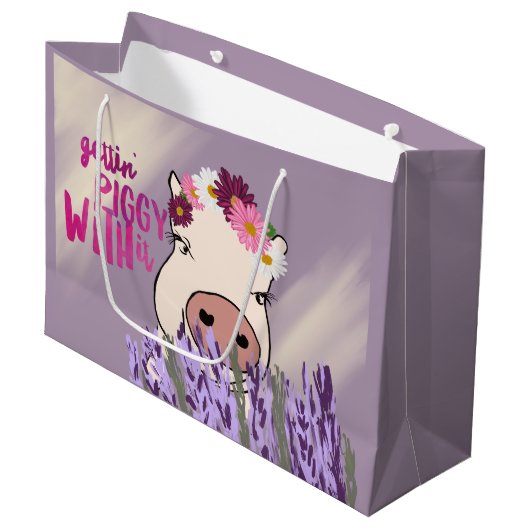 Paarse pig en lavender Field Gift Bag Groot Cadeauzakje (Voorkant Gekanteld)