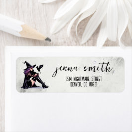 Paarse Pin Up Witch Etiket