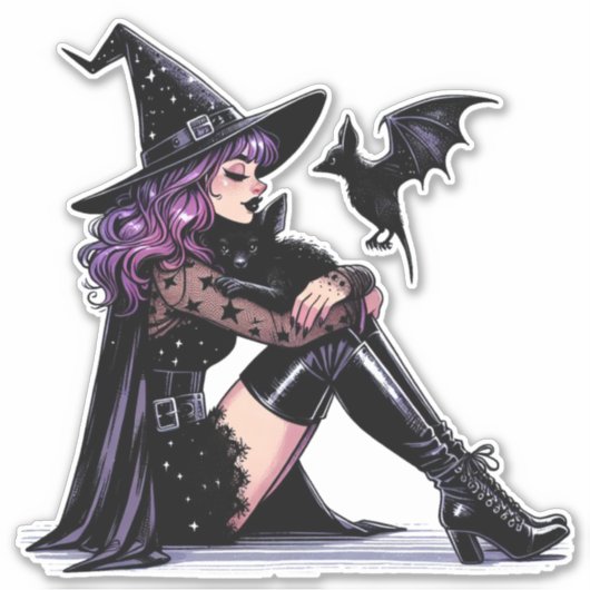 Paarse Pin Up Witch Sticker (Voorkant)