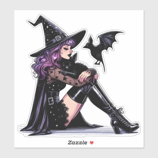 Paarse Pin Up Witch Sticker (Vel)