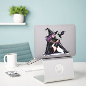 Paarse Pin Up Witch Sticker (Laptop op bureau)
