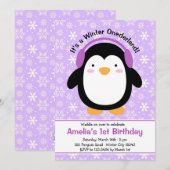 Paarse Pinguïn Verjaardag Uitnodigingen (Meisjes) (Voorkant / Achterkant)
