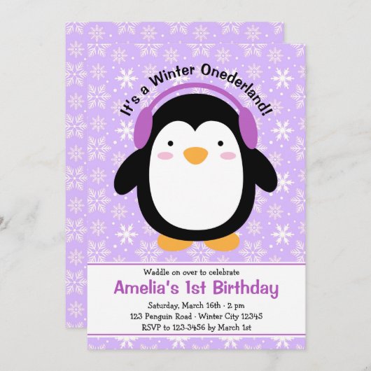 Paarse Pinguïn Verjaardag Uitnodigingen (Meisjes) (Voorkant / Achterkant)