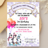 Paarse pinguïns schaatsen verjaardagsuitnodiging kaart