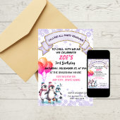 Paarse pinguïns schaatsen verjaardagsuitnodiging kaart