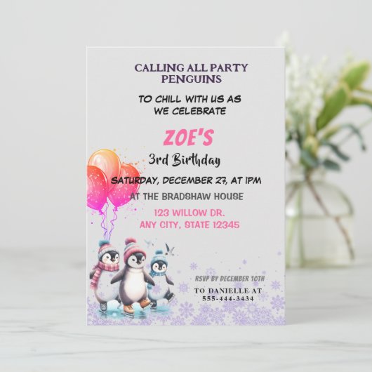 Paarse pinguïns schaatsen verjaardagsuitnodiging kaart (Staand voorkant)