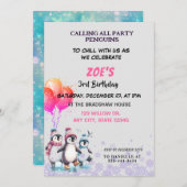 Paarse pinguïns schaatsen verjaardagsuitnodiging kaart (Voorkant / Achterkant)