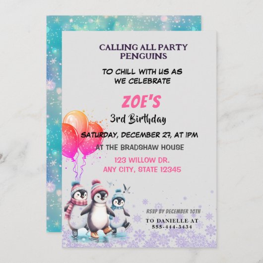 Paarse pinguïns schaatsen verjaardagsuitnodiging kaart (Voorkant / Achterkant)