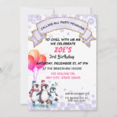 Paarse pinguïns schaatsen verjaardagsuitnodiging kaart (Voorkant)