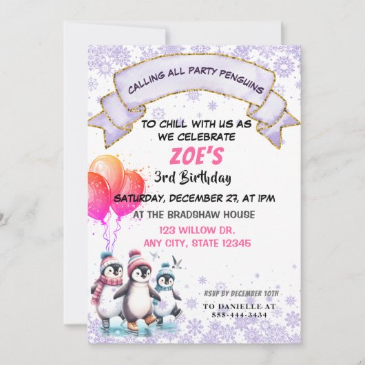 Paarse pinguïns schaatsen verjaardagsuitnodiging kaart (Voorkant)