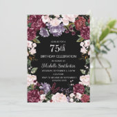 Paarse Pink Burgundy Floral Black 75th Birthday Kaart (Staand voorkant)