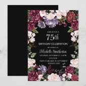 Paarse Pink Burgundy Floral Black 75th Birthday Kaart (Voorkant / Achterkant)
