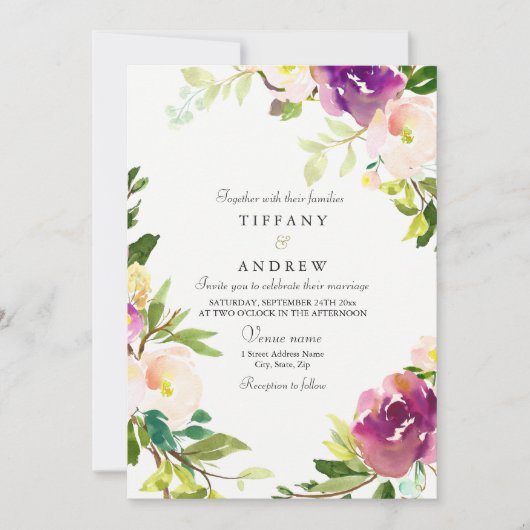 Paarse Pink Floral Waterverf Weddenschap Uitnodigi Kaart (Voorkant)