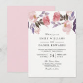 Paarse Pink Floral Waterverf Wedding Invite Kaart (Voorkant / Achterkant)