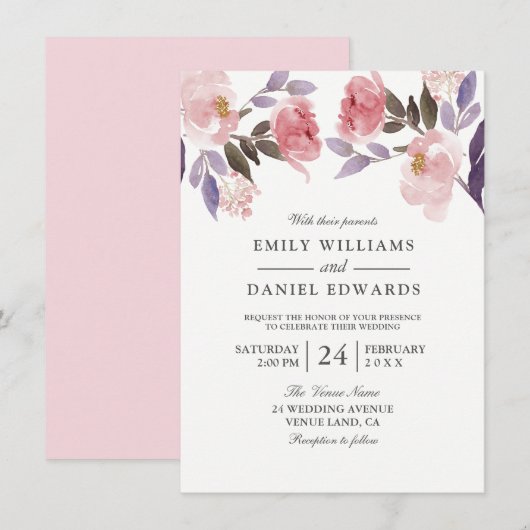 Paarse Pink Floral Waterverf Wedding Invite Kaart (Voorkant / Achterkant)